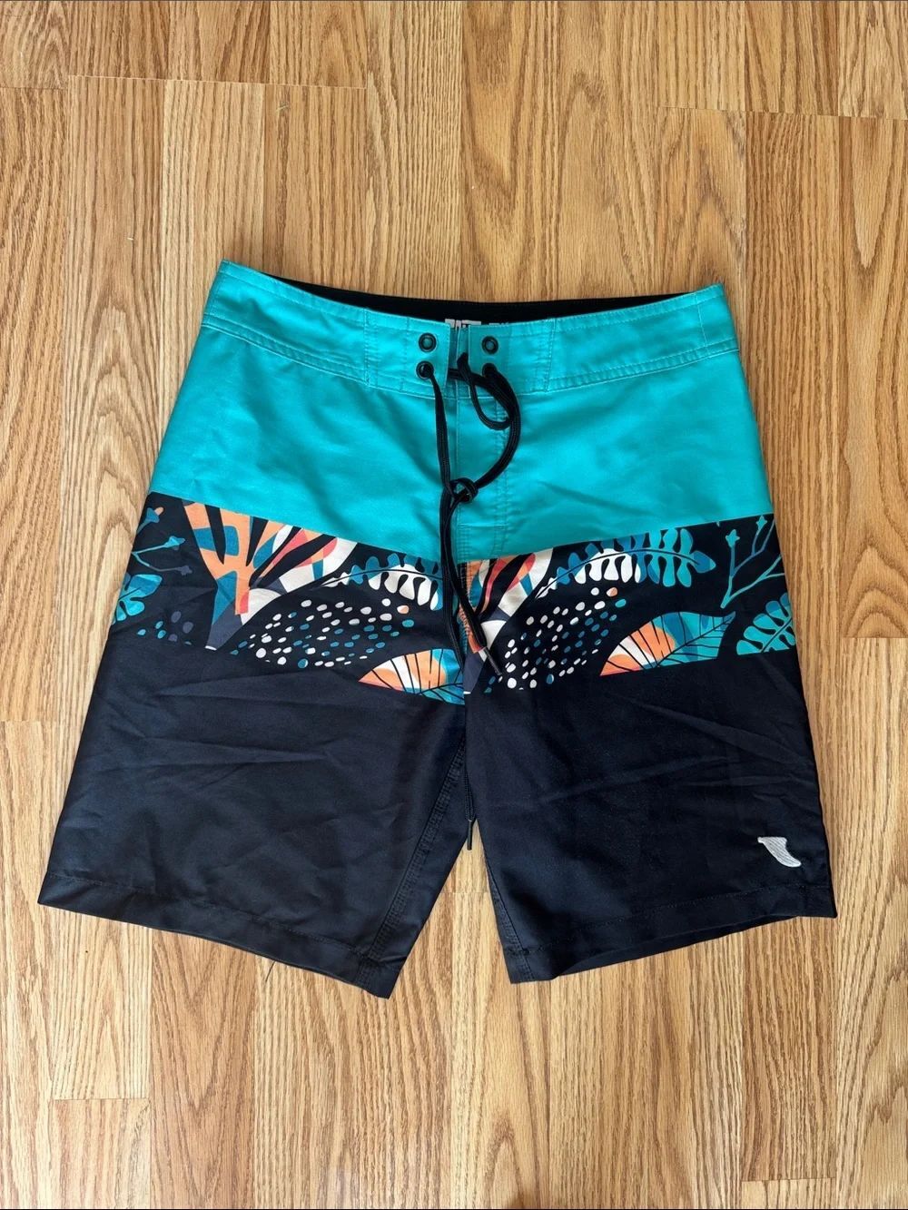 Youth Teal and Black Swim Trunks with Tropical Print